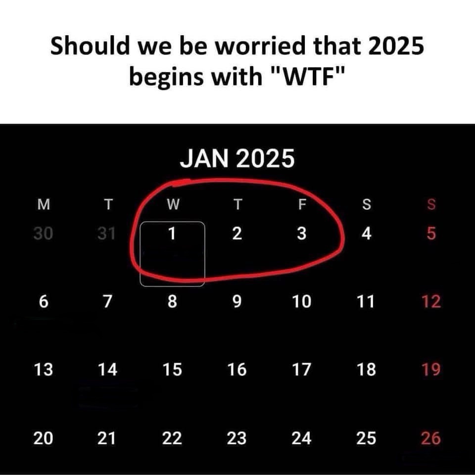 A black calendar for January 2025 shows the days of the week with dates, highlighting the 1st, 2nd, and 3rd of the month…