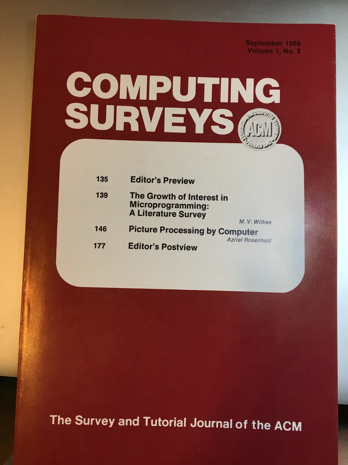 The image shows the cover of a 1969 issue of 'Computing Surveys', a journal from the ACM, featuring articles on…