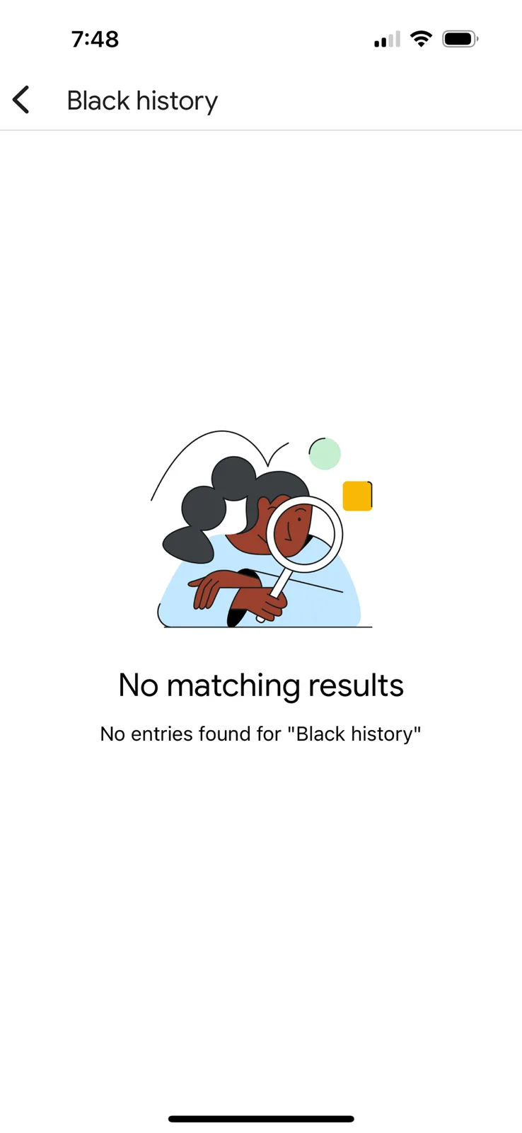 A smartphone screen shows a search result page for 'Black history' with a cartoon illustration of a person holding a…