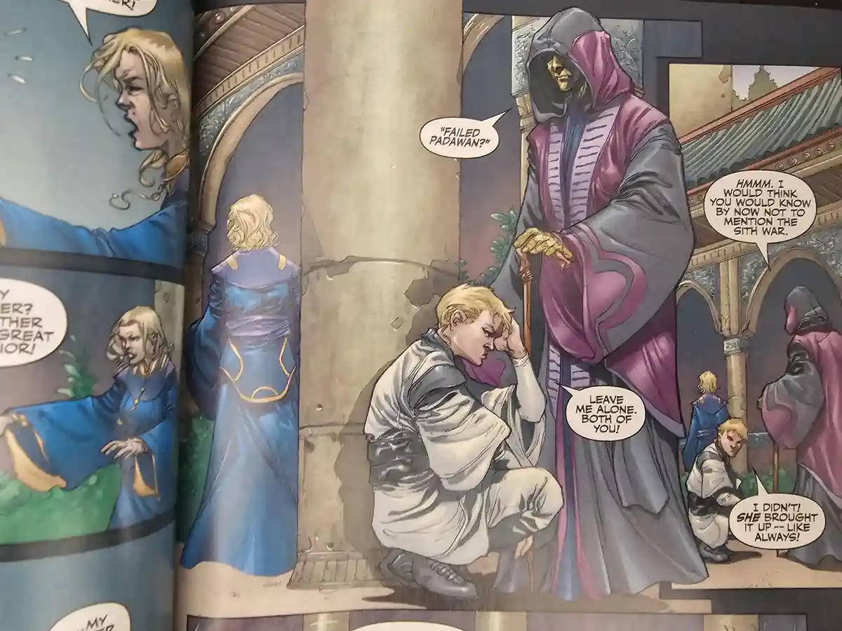 A Star Wars comic panel shows a young blonde Jedi Padawan kneeling in distress, being confronted by a hooded Sith Lord and a…