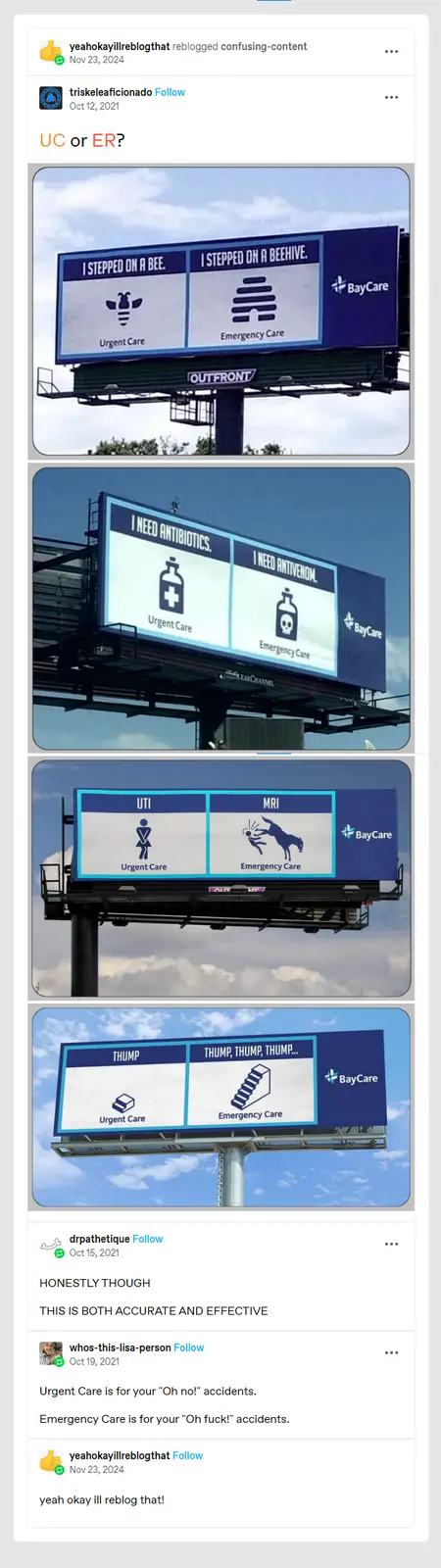 A collage of four BayCare billboards visually comparing Urgent Care and Emergency Care using simple icons and text: 'I…