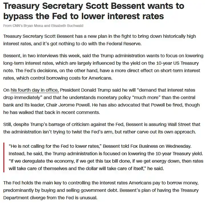 The image displays a screenshot of a CNN news article about Treasury Secretary Scott Bessent's plan to lower interest rates…