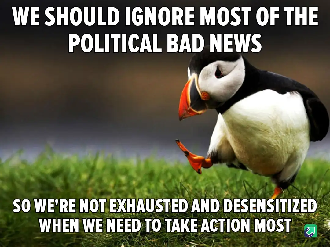 A photograph of a puffin standing on green grass, looking sideways with one foot lifted, overlaid with white bold text that…