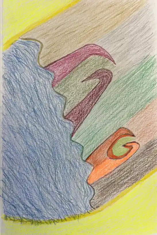 A child's crayon drawing shows a stylized profile of a person's face, colored with blue, green, red, and orange, with a…
