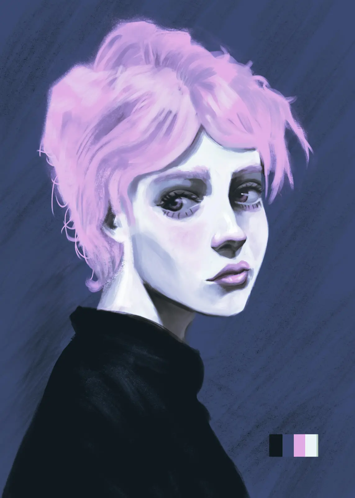 A digital painting of a person with short, messy pink hair and pale skin, wearing a black high-necked top against a dark…