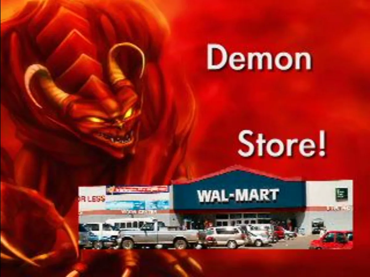 A menacing red demon with glowing eyes and horns looms over a photo of a Walmart store, with the text 'Demon Store!'…