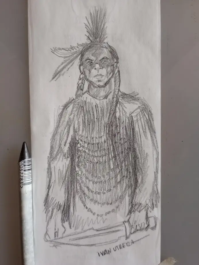 A pencil sketch of a person in Native American-style attire, including a feathered headdress and beaded clothing, with a…