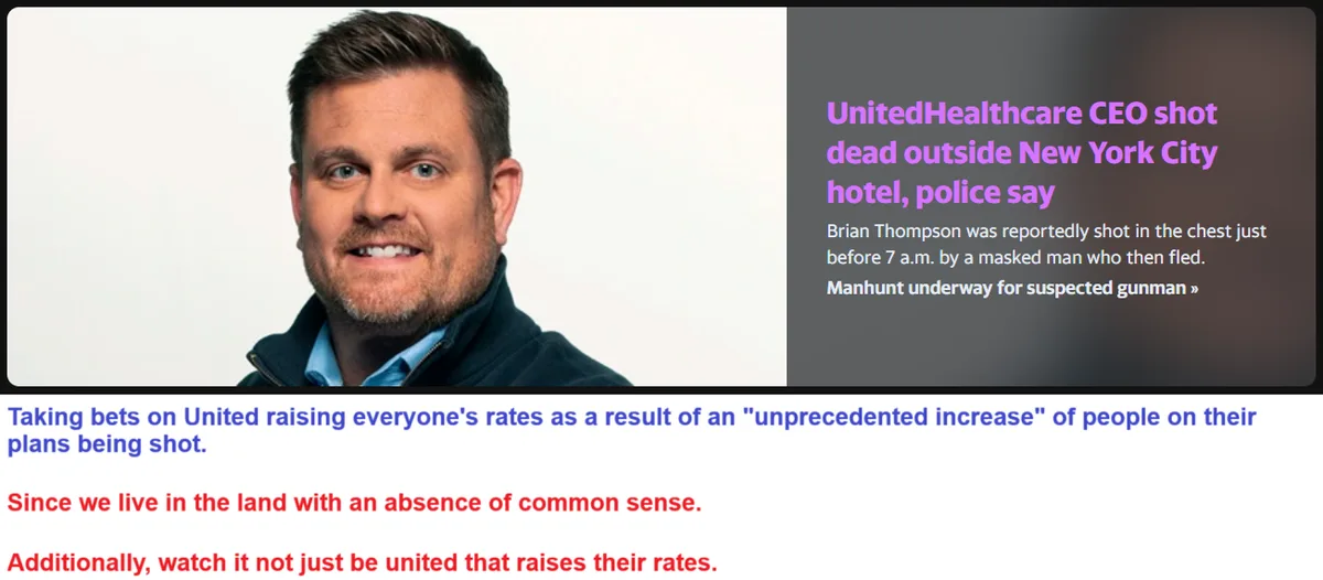 The image shows a smiling man, Brian Thompson, with a news headline overlay stating 'UnitedHealthcare CEO shot dead outside…