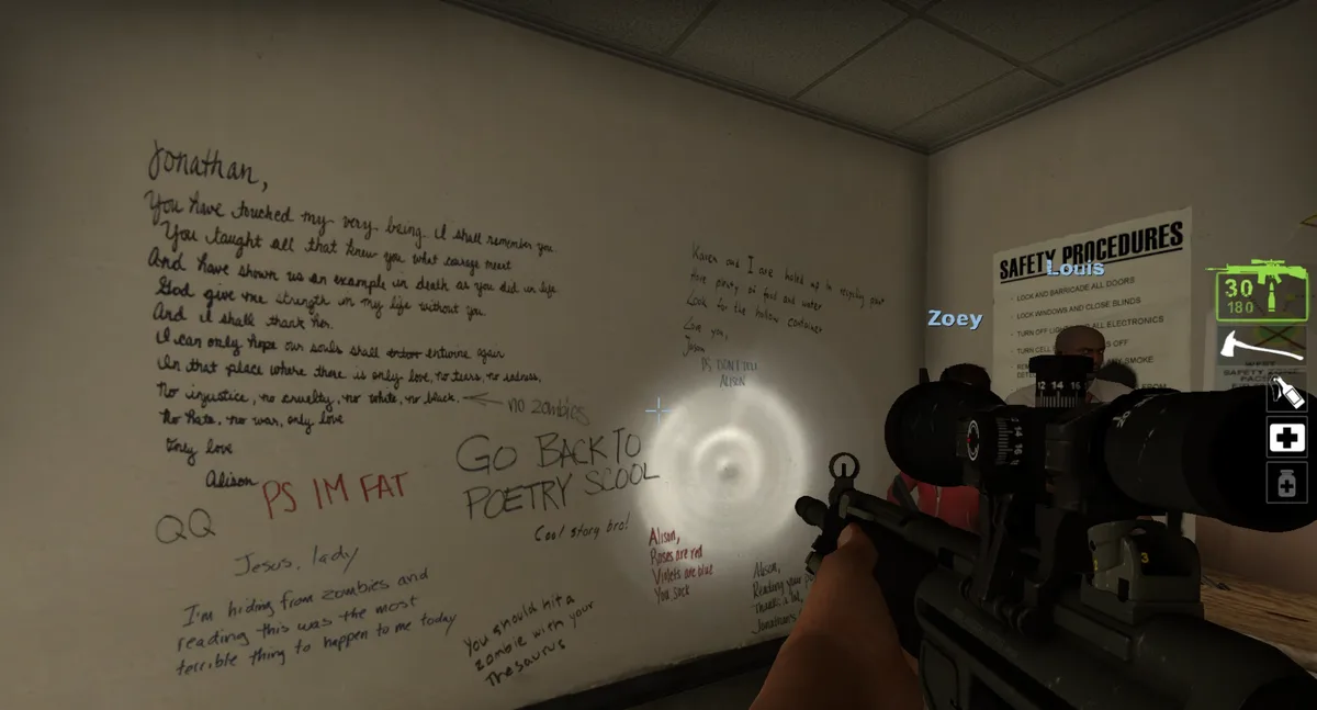 A first-person shooter game screenshot showing a wall covered in handwritten notes from various characters, including one…