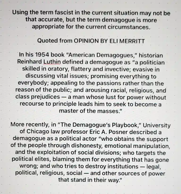 The image displays a block of text from an opinion piece by Eli Merritt, arguing that 'demagogue' is a more fitting term…