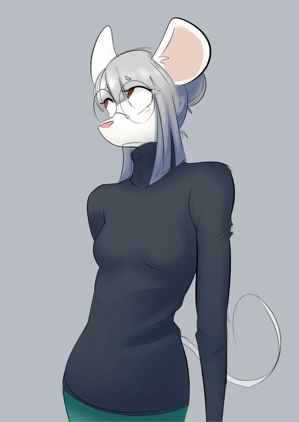 An anime-style anthropomorphic mouse with silver hair, red eyes, and mouse ears is shown in profile, wearing a dark…