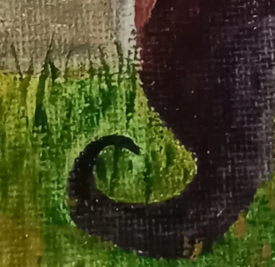 A close-up of a textured painting shows a dark, curved shape resembling a cat's tail against green and brown brushstrokes…
