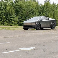 A sequence of six images shows a silver Tesla Cybertruck progressively transforming into a dumpster, with the final image…