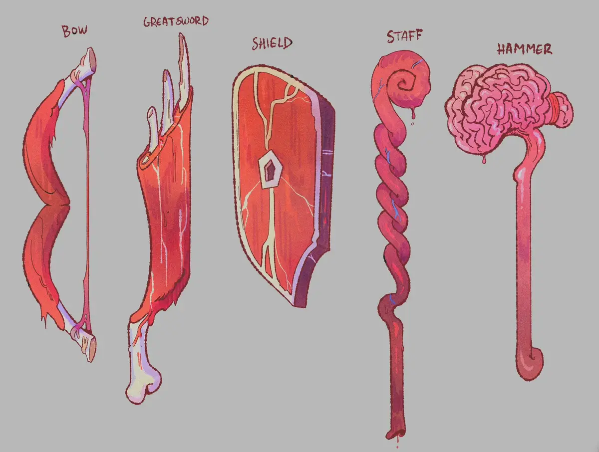 An illustration displays five fantasy weapons — bow, greatsword, shield, staff, and hammer — each humorously depicted as…