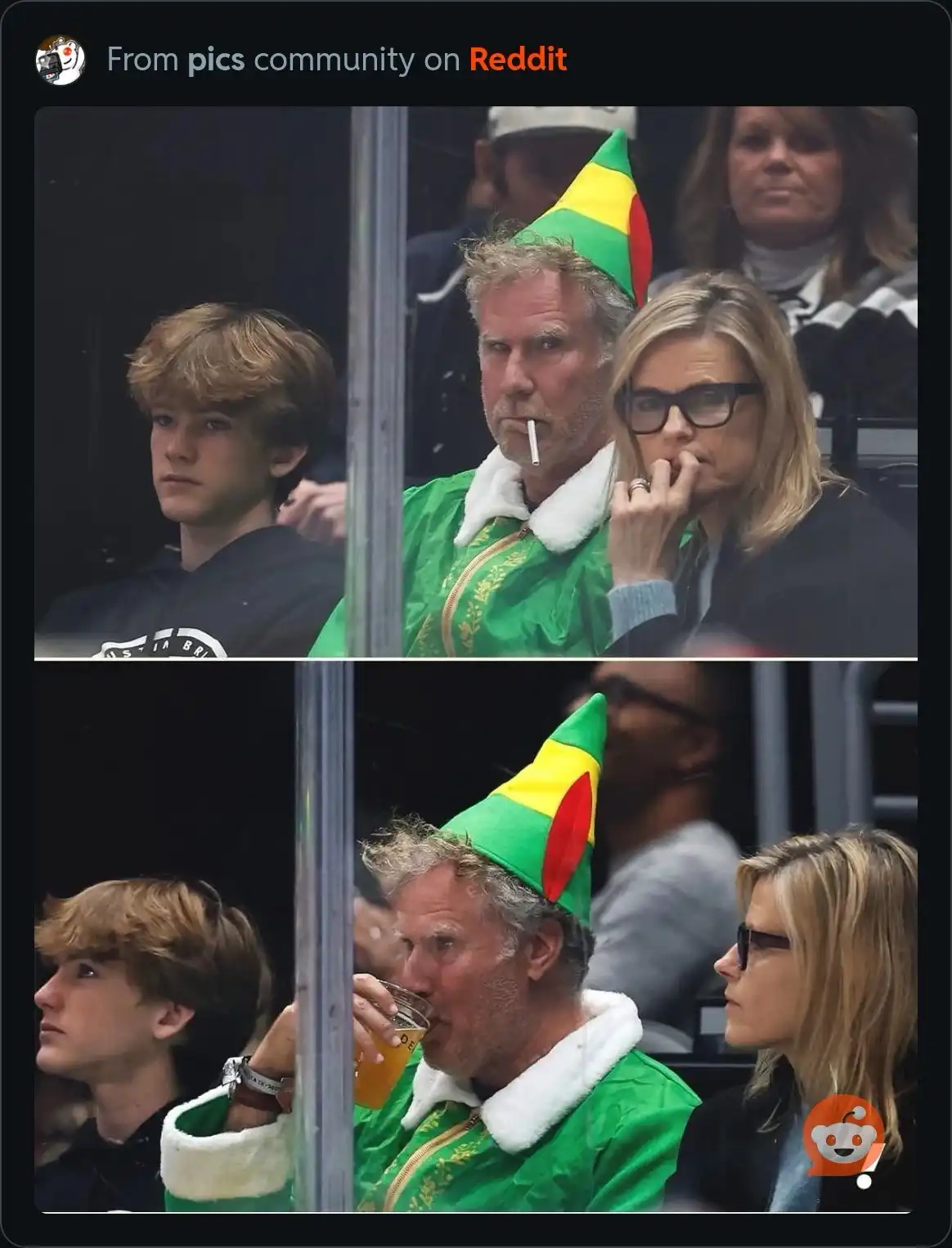 Two photos show a man in a green elf costume with a cigarette in his mouth, looking annoyed, then drinking from a glass. His…