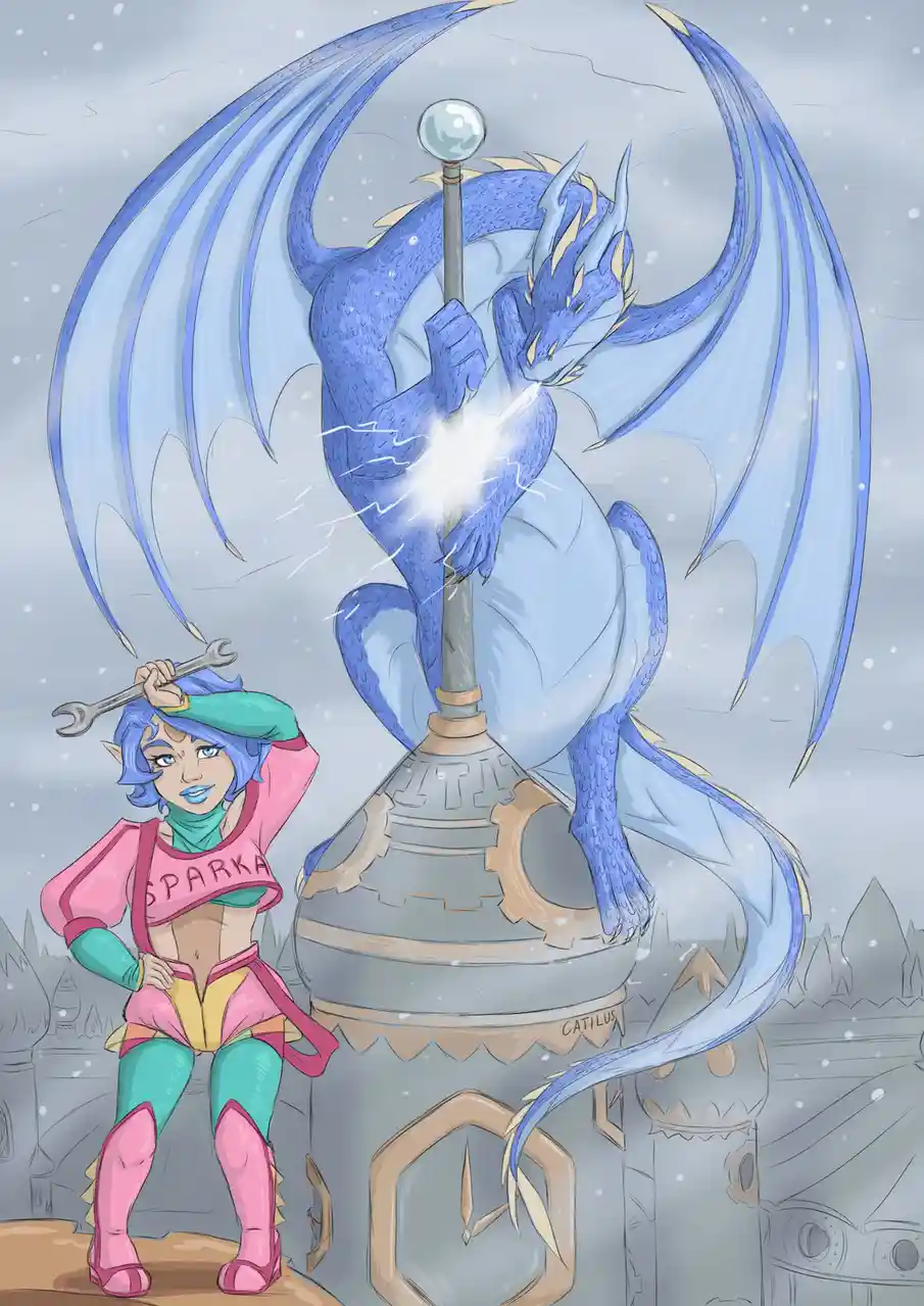 A blue-haired, pink-outfitted character named Sparka holds a wrench over her head while standing next to a large blue dragon…