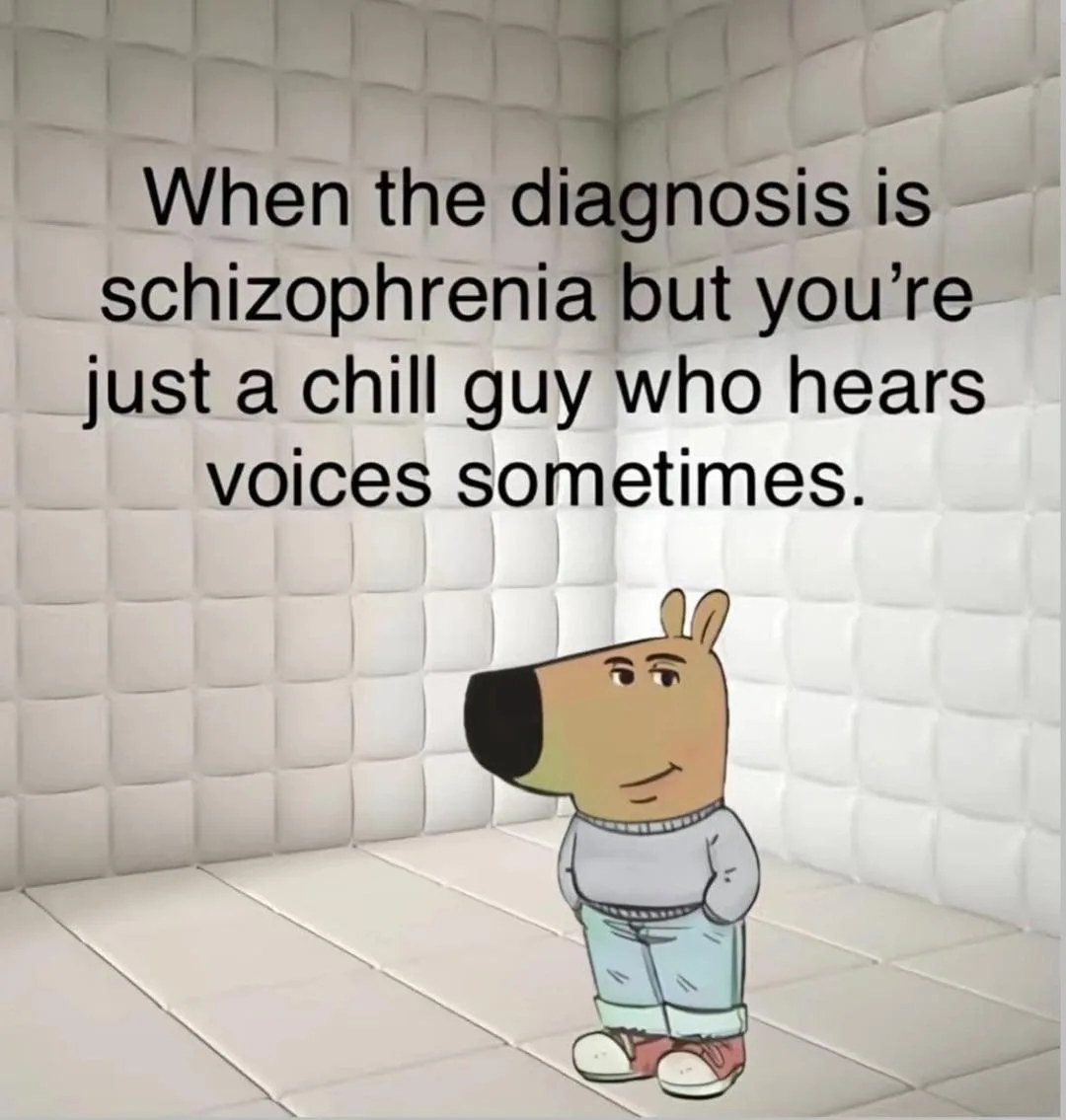 A cartoon dog character, resembling Beavis from Beavis and Butt-Head, stands calmly in a corner of a room with white padded…