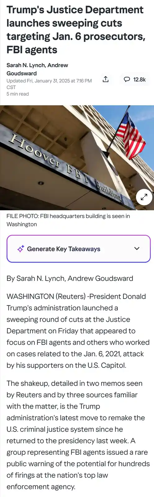The image displays a screenshot of a Reuters news article with a headline about Trump's Justice Department cutting staff…