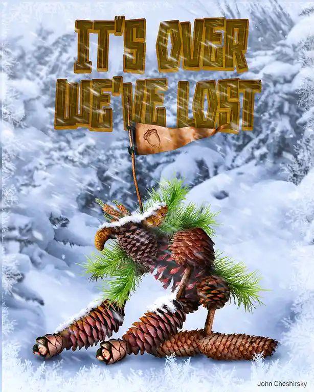 A whimsical, snow-covered pinecone creature with pine needles for hair and limbs, holding a small flag with an acorn emblem…