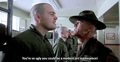Six identical frames show a scene from the movie 'Full Metal Jacket' where a drill instructor, wearing a green uniform and…