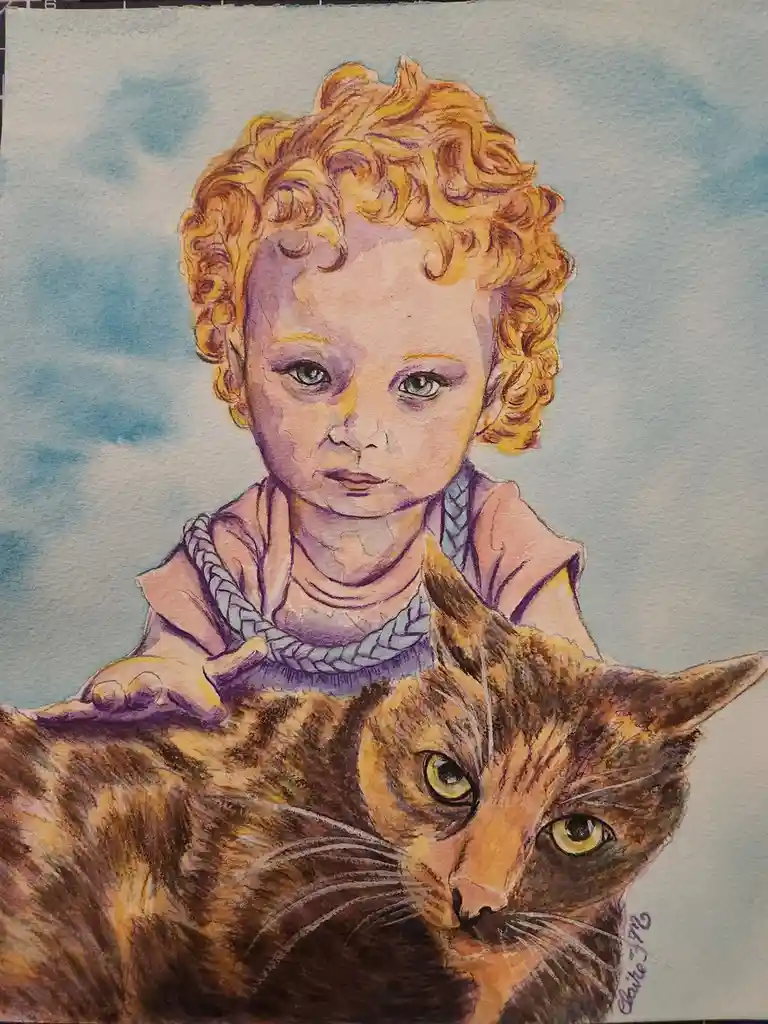 A watercolor painting depicts a young child with curly blonde hair and a serious expression, gently resting a hand on the…