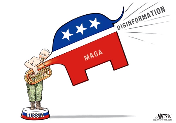 A cartoon depicts a shirtless man in military pants standing on a pedestal labeled 'RUSSIA', playing a tuba that is shaped…