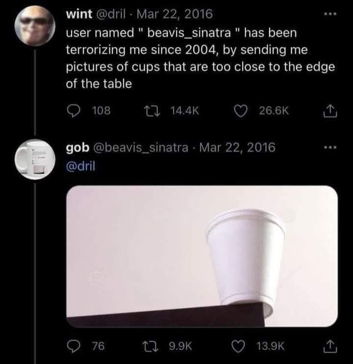 A screenshot of a Twitter thread shows user 'wint' complaining that 'beavis_sinatra' has been sending them pictures of cups…