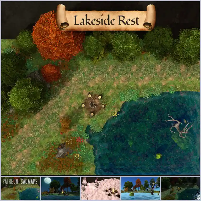 An overhead fantasy map titled 'Lakeside Rest' shows a campfire surrounded by tree stumps near a lake with a dead tree in…