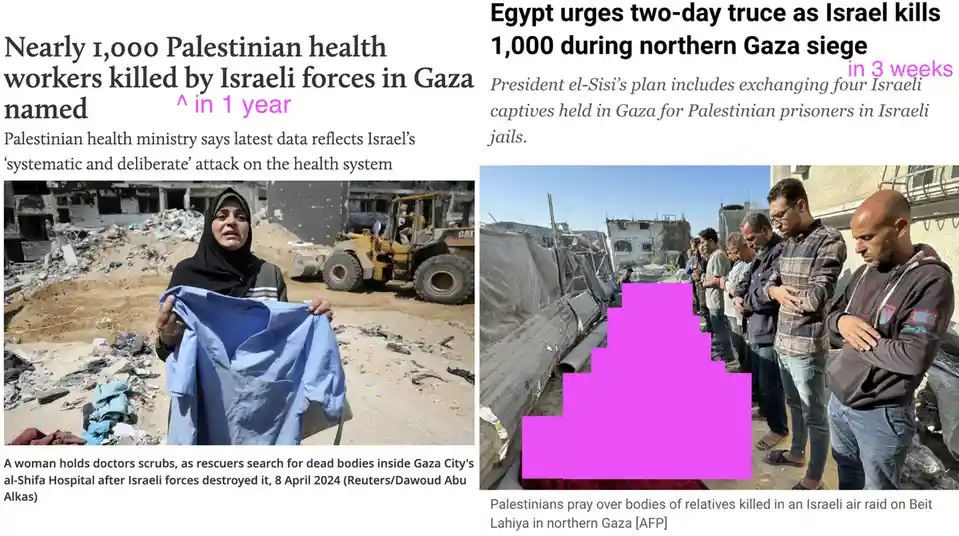 The image displays two news articles side-by-side. The left shows a woman holding a blue medical scrub in a rubble-strewn…