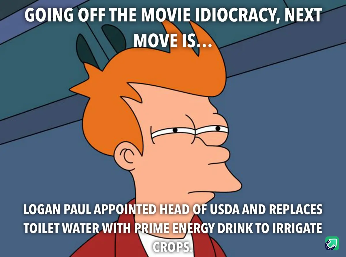 The image shows a cartoon character, Fry from Futurama, looking sideways with a skeptical expression. White text overlaid at…
