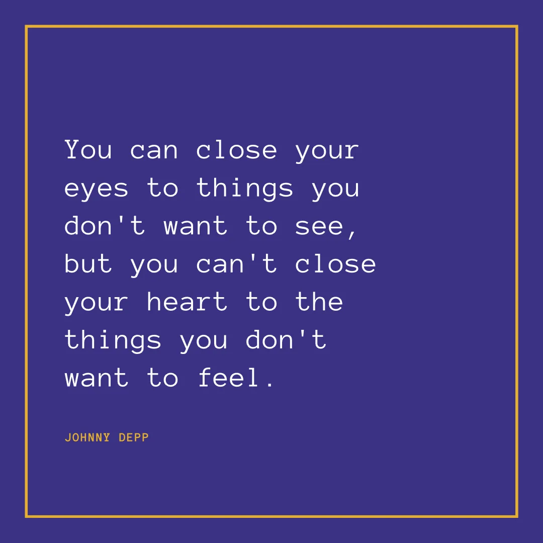 A solid purple square image with a thin gold border contains white text stating a quote about closing eyes versus heart…