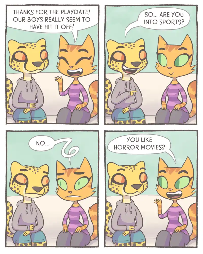 A four-panel comic strip featuring two anthropomorphic cheetahs chatting after a playdate. The first panel shows one cheetah…