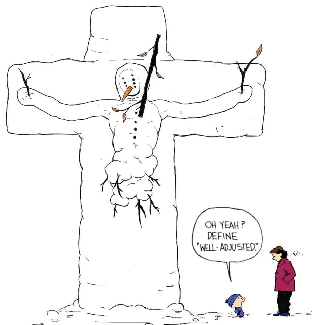 A black-and-white cartoon depicts a snowman nailed to a large cross, with twig arms and a carrot nose, appearing crucified…