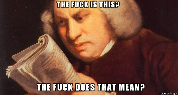 A classical painting depicts a man with powdered wig and period clothing holding a rolled document, looking confused…