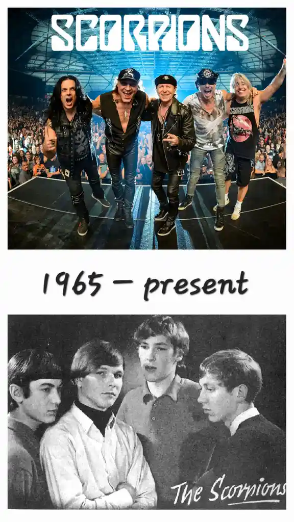 The image displays two photos of the rock band Scorpions. The top photo shows the current band members on stage in modern…