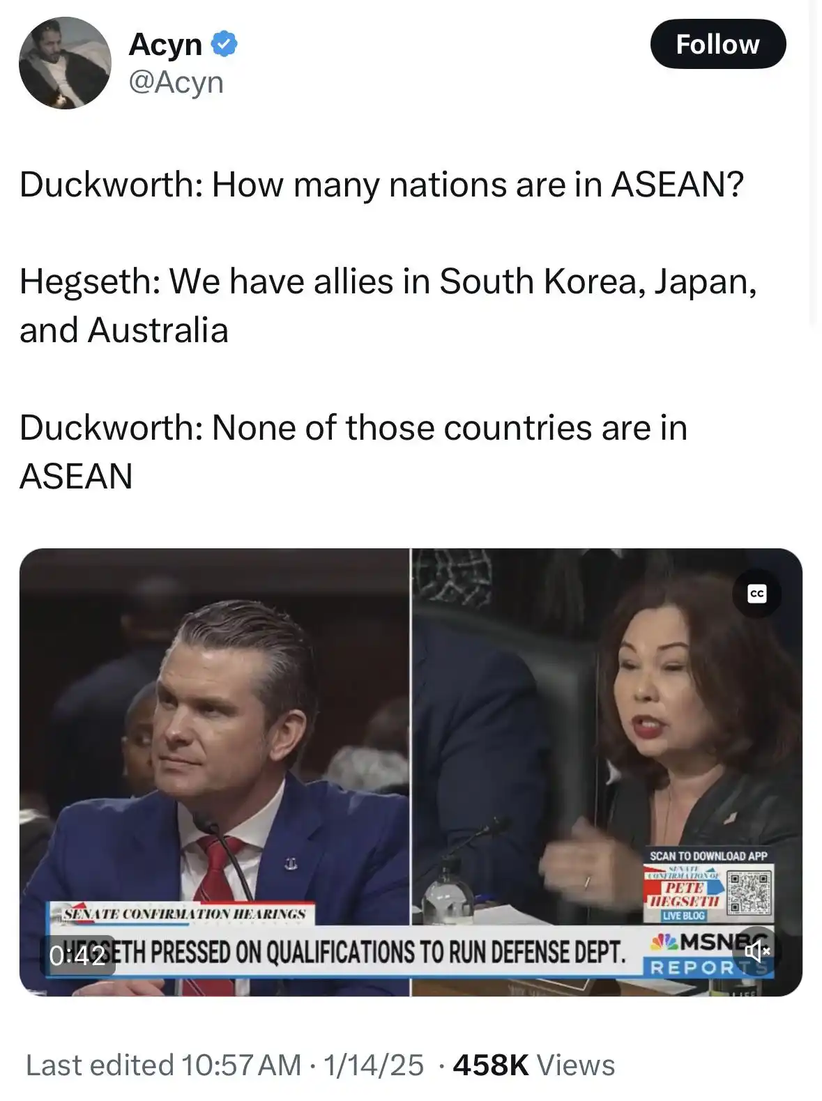 A screenshot from a Senate confirmation hearing shows Senator Tammy Duckworth questioning Pete Hegseth. The overlaid text…