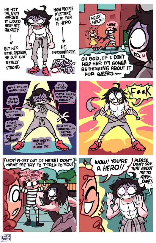 A six-panel comic depicts a character who went to the gym to combat anxiety but instead became physically strong, leading…