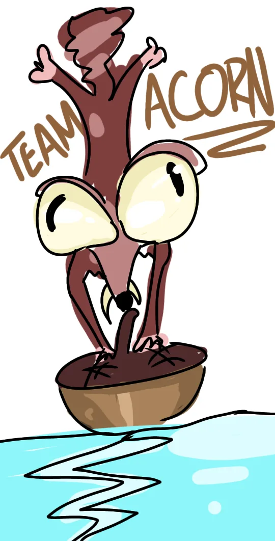 A cartoon acorn character with large eyes and a wide grin stands triumphantly on a bowl filled with dirt, arms raised in…