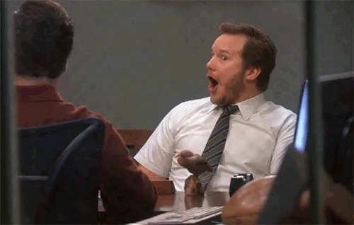 A GIF collage of actor Chris Pratt in a white shirt and striped tie, showing escalating expressions of shock and surprise…