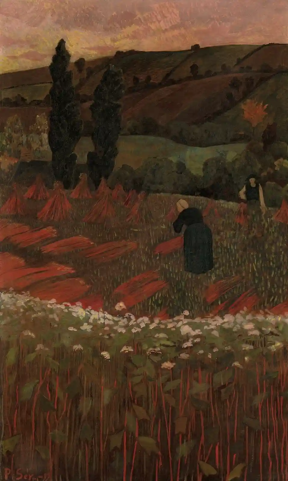 A painting depicts two figures in a field of red and white plants under a dusky sky, with one person bent over harvesting…