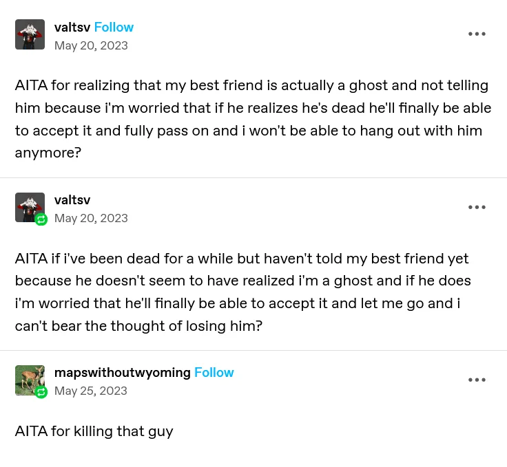 A screenshot of three Reddit comments, each asking 'AITA' (Am I the Asshole) about a different ghost-related scenario. The…