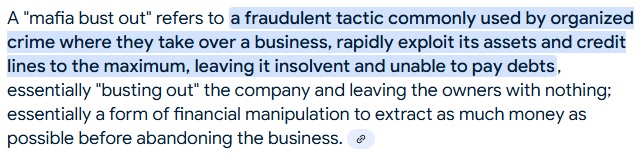 A screenshot of a text definition with the phrase "mafia bust out" highlighted in blue. The text defines it as a fraudulent…