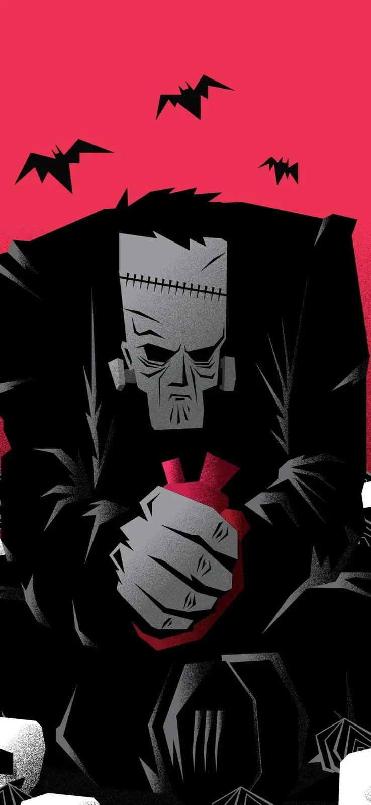 A stylized illustration of Frankenstein's monster holding a red heart against a red background with black bats flying above…