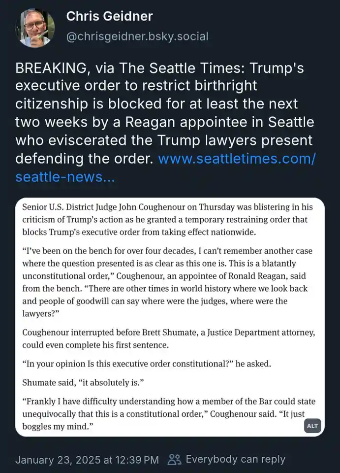 A screenshot of a social media post by Chris Geidner showing a news article about a federal judge blocking Trump's executive…