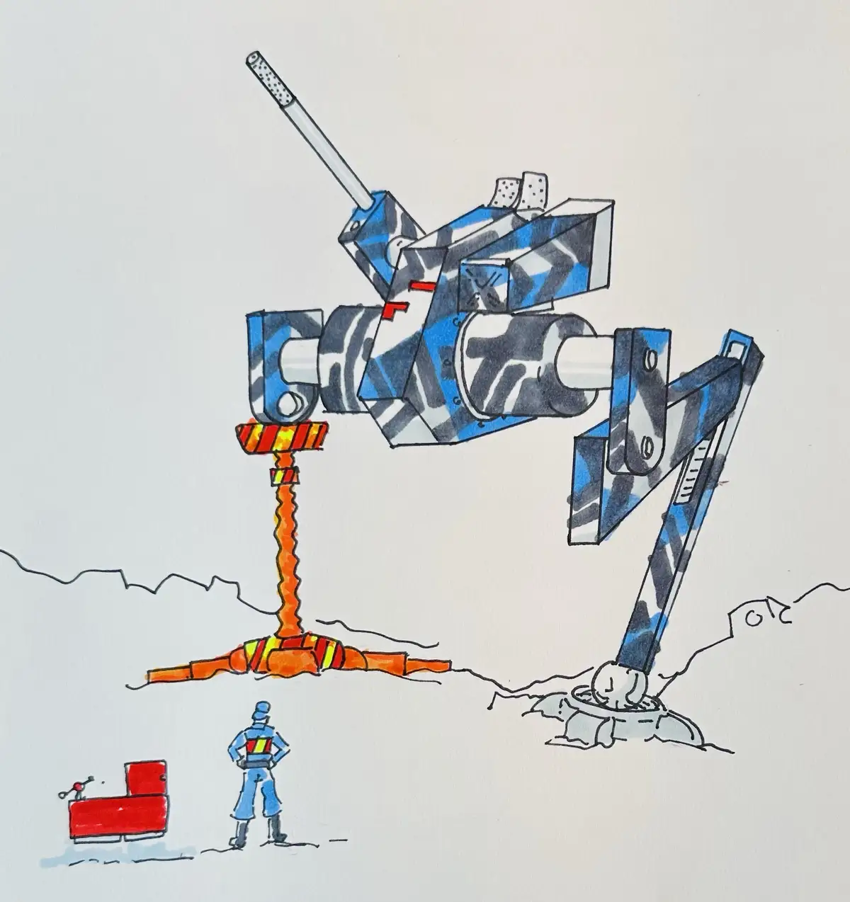 A hand-drawn illustration shows a large, blue-and-white camouflaged tank mounted on a tall, orange, wavy pedestal with a…