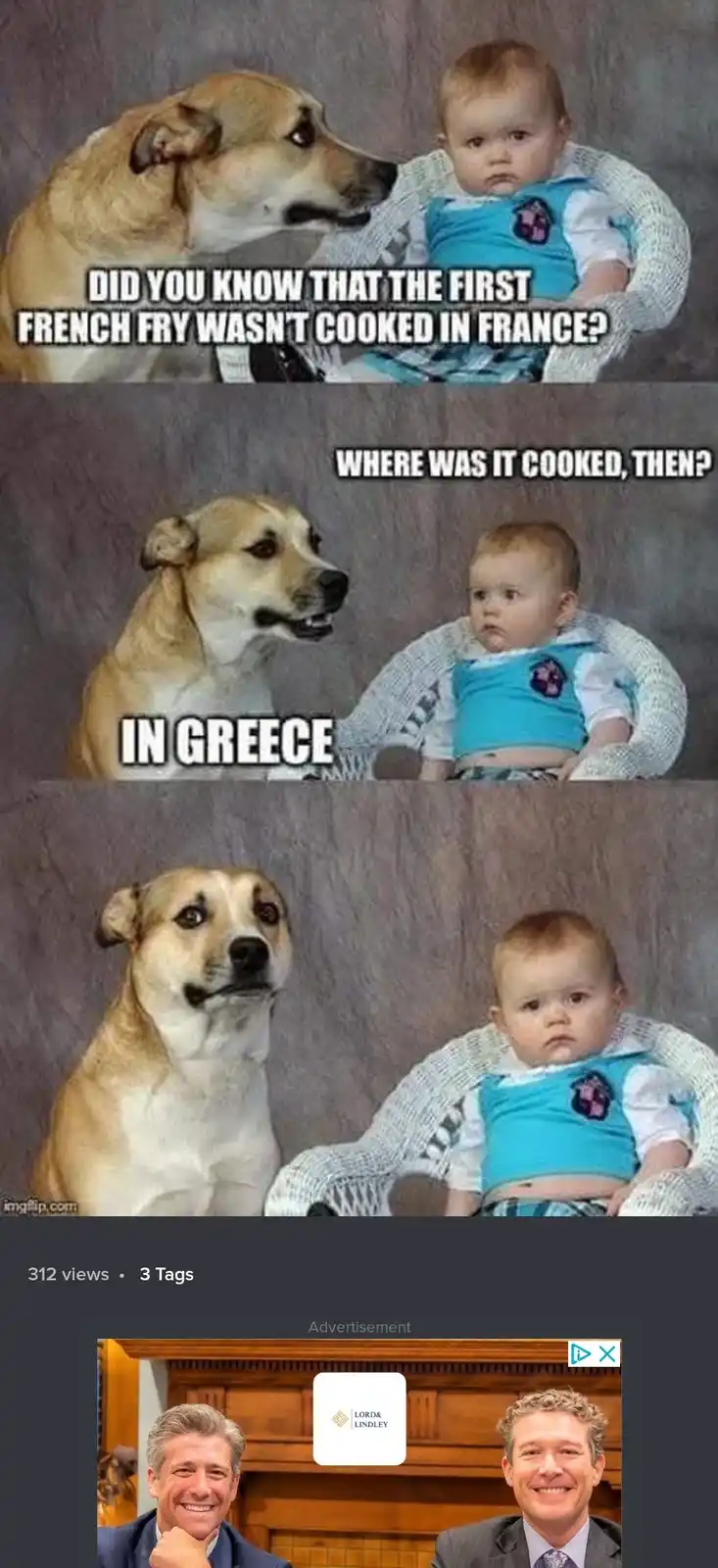 A three-panel meme featuring a dog and a baby. In the first panel, the dog asks the baby if they know the first French fry…