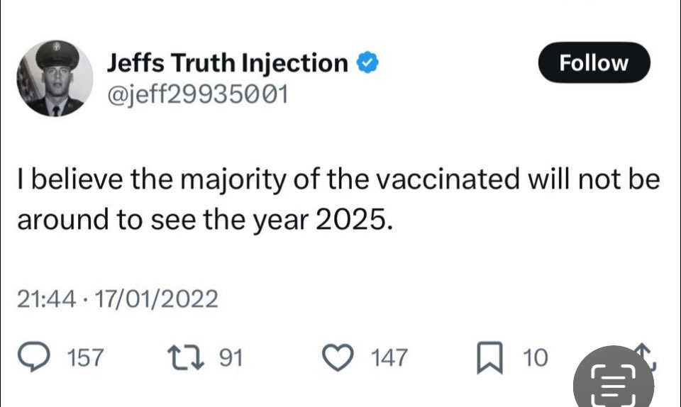 A screenshot of a tweet from the verified account 'Jeffs Truth Injection' (@jeff29935001) dated January 17, 2022, which…