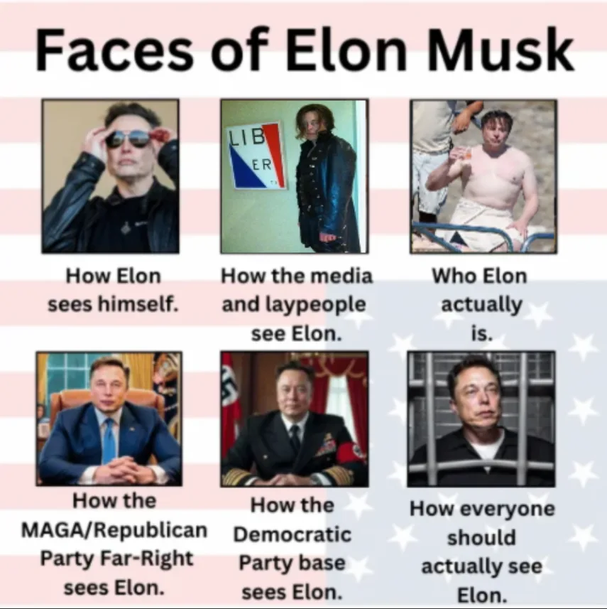 A meme titled 'Faces of Elon Musk' displays six images of Elon Musk with captions. The top row shows Musk in sunglasses, a…