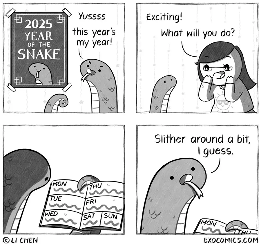 A four-panel comic shows a snake excitedly celebrating the 2025 Year of the Snake, then looking at a calendar and deciding…