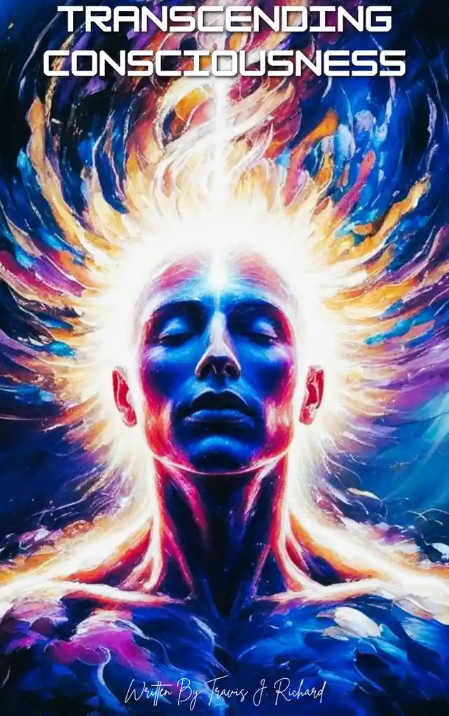 A vibrant, psychedelic painting depicts a serene, bald human figure with closed eyes and a radiant, glowing aura of swirling…
